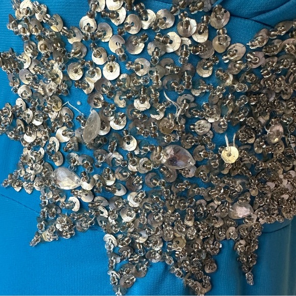 One Shoulder Corset Back Evening Gown/Formal Dress | Turquoise/Blue w/ Sequins - Picture 6 of 16